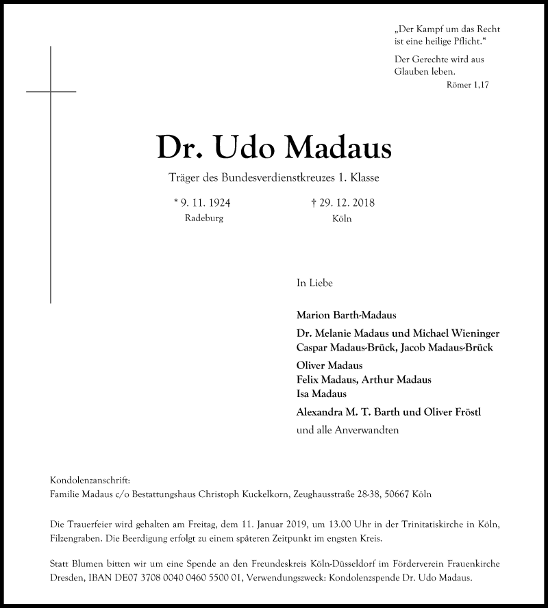  Traueranzeige für Udo Madaus vom 05.01.2019 aus Kölner Stadt-Anzeiger / Kölnische Rundschau / Express