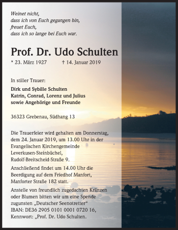 Anzeige von Udo Schulten von Kölner Stadt-Anzeiger / Kölnische Rundschau / Express