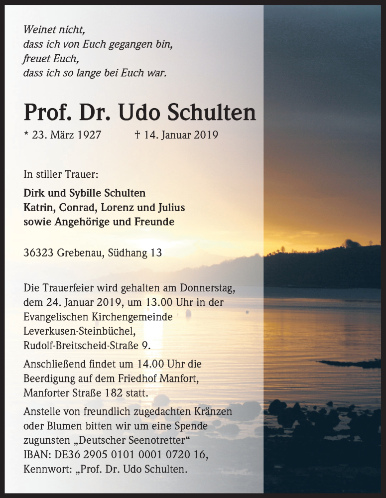  Traueranzeige für Udo Schulten vom 19.01.2019 aus Kölner Stadt-Anzeiger / Kölnische Rundschau / Express