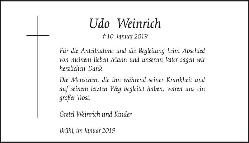  Traueranzeige für Udo Weinrich vom 30.01.2019 aus  Schlossbote/Werbekurier 