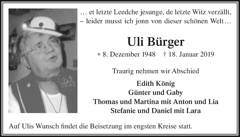  Traueranzeige für Uli Bürger vom 23.01.2019 aus  Bergisches Handelsblatt 