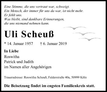 Anzeige von Uli Scheuß von Kölner Stadt-Anzeiger / Kölnische Rundschau / Express