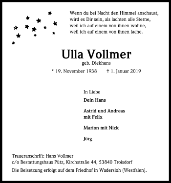Anzeige von Ulla Vollmer von Kölner Stadt-Anzeiger / Kölnische Rundschau / Express