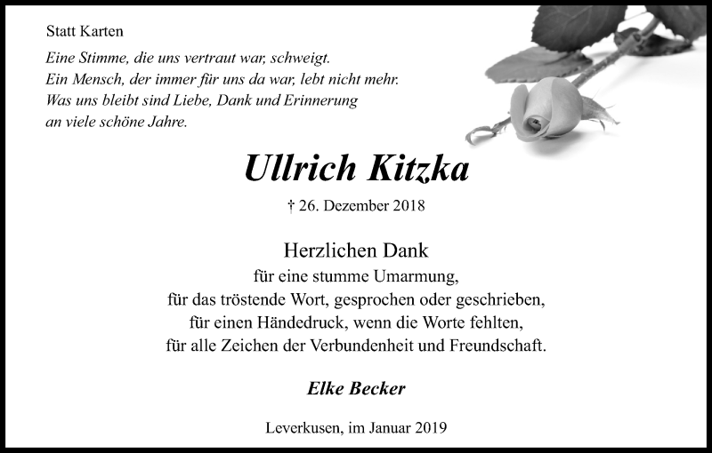  Traueranzeige für Ullrich Kitzka vom 26.01.2019 aus Kölner Stadt-Anzeiger / Kölnische Rundschau / Express