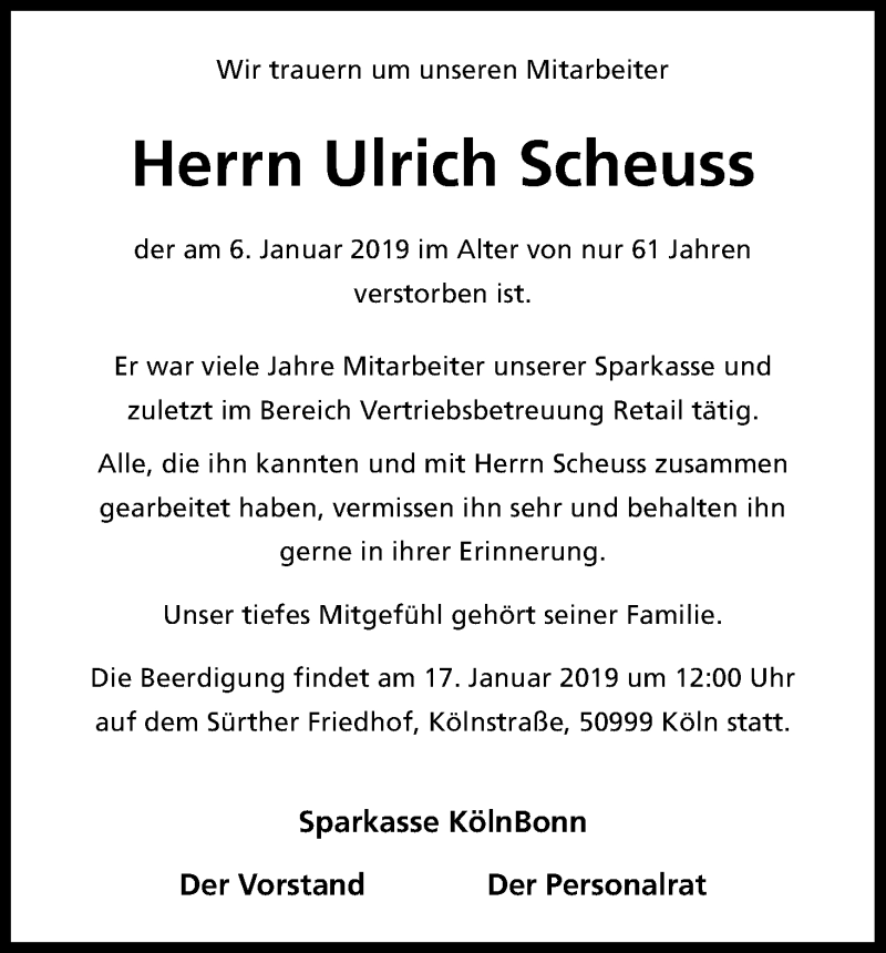  Traueranzeige für Ulrich Scheuss vom 12.01.2019 aus Kölner Stadt-Anzeiger / Kölnische Rundschau / Express