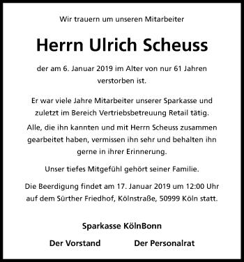 Anzeige von Ulrich Scheuss von Kölner Stadt-Anzeiger / Kölnische Rundschau / Express