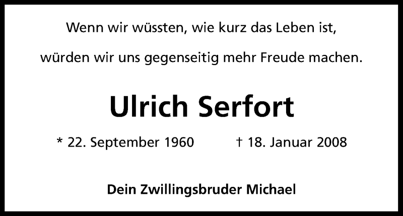  Traueranzeige für Ulrich Serfort vom 18.01.2019 aus Kölner Stadt-Anzeiger / Kölnische Rundschau / Express