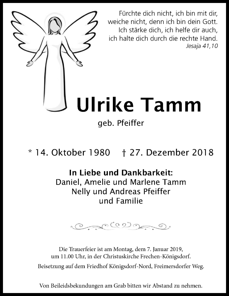  Traueranzeige für Ulrike Tamm vom 05.01.2019 aus Kölner Stadt-Anzeiger / Kölnische Rundschau / Express
