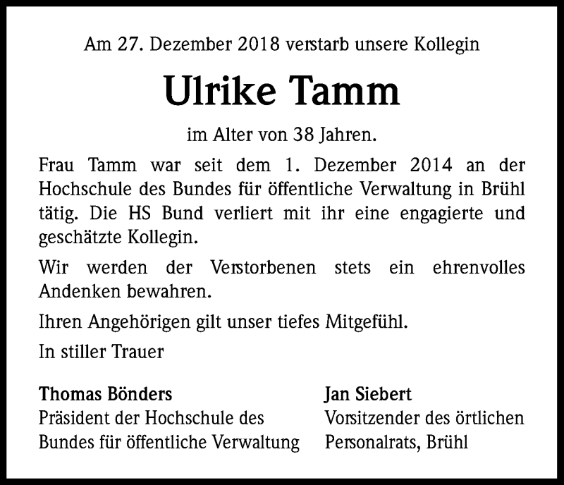  Traueranzeige für Ulrike Tamm vom 12.01.2019 aus Kölner Stadt-Anzeiger / Kölnische Rundschau / Express
