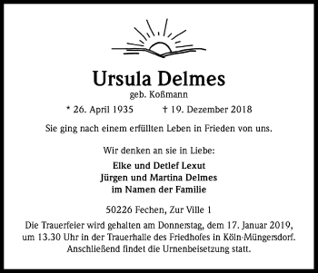 Anzeige von Ursula Delmes von Kölner Stadt-Anzeiger / Kölnische Rundschau / Express