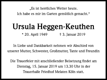 Anzeige von Ursula Heggen-Keuthen von Kölner Stadt-Anzeiger / Kölnische Rundschau / Express