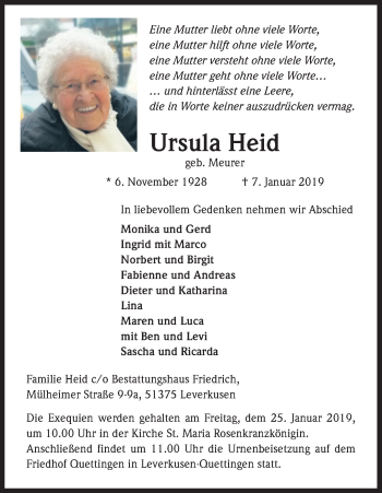 Anzeige von Ursula Heid von Kölner Stadt-Anzeiger / Kölnische Rundschau / Express