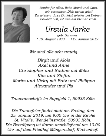 Anzeige von Ursula Jarke von Kölner Stadt-Anzeiger / Kölnische Rundschau / Express