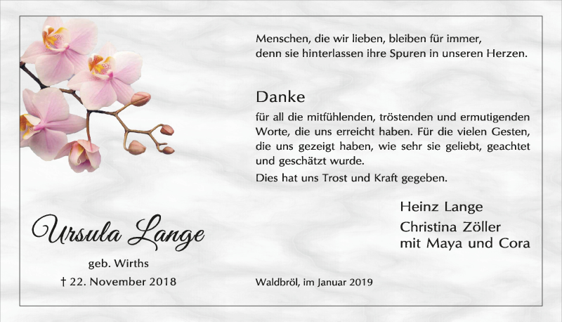  Traueranzeige für Ursula Lange vom 23.01.2019 aus  Lokalanzeiger 