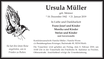 Anzeige von Ursula Müller von  Wochenende 