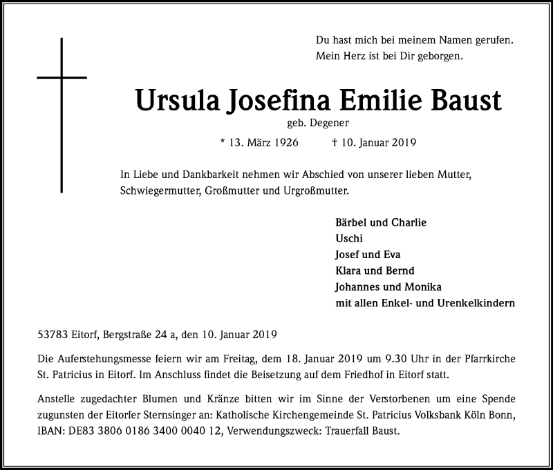  Traueranzeige für Ursula Josefina Emilie Baust vom 12.01.2019 aus Kölner Stadt-Anzeiger / Kölnische Rundschau / Express