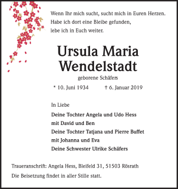 Anzeige von Ursula Maria Wendelstadt von Kölner Stadt-Anzeiger / Kölnische Rundschau / Express
