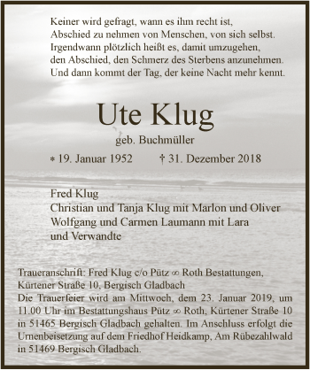 Anzeige von Ute Klug von  Bergisches Handelsblatt 