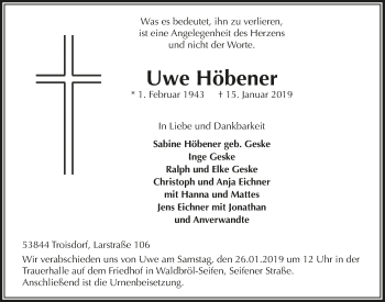 Anzeige von Uwe Höbener von  Lokalanzeiger 
