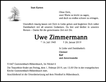 Anzeige von Uwe Zimmermann von Kölner Stadt-Anzeiger / Kölnische Rundschau / Express