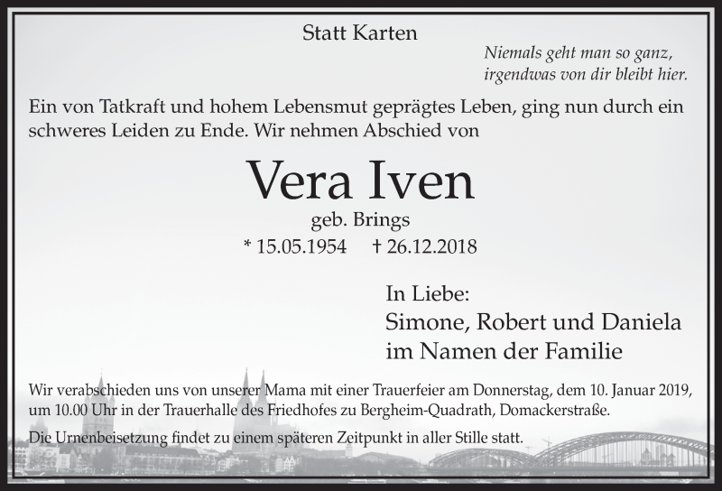  Traueranzeige für Vera Iven vom 05.01.2019 aus  Sonntags-Post 
