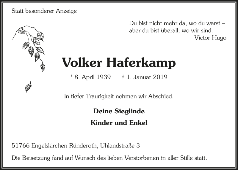  Traueranzeige für Volker Haferkamp vom 09.01.2019 aus  Anzeigen Echo 