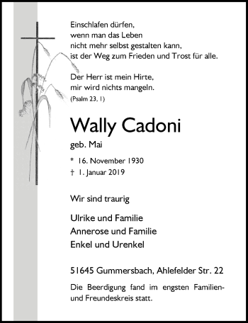 Anzeige von Wally Cadoni von  Anzeigen Echo 