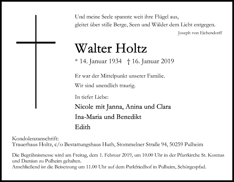  Traueranzeige für Walter Holtz vom 19.01.2019 aus Kölner Stadt-Anzeiger / Kölnische Rundschau / Express