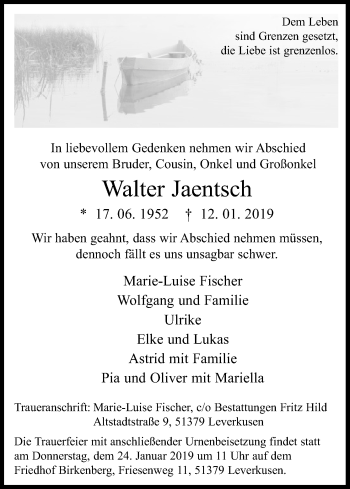 Anzeige von Walter Jaentsch von Kölner Stadt-Anzeiger / Kölnische Rundschau / Express