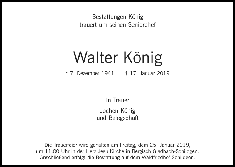  Traueranzeige für Walter König vom 22.01.2019 aus Kölner Stadt-Anzeiger / Kölnische Rundschau / Express