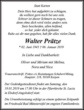 Anzeige von Walter Prätze von  Sonntags-Post 