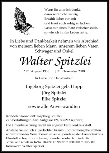 Anzeige von Walter Spitzlei von Kölner Stadt-Anzeiger / Kölnische Rundschau / Express