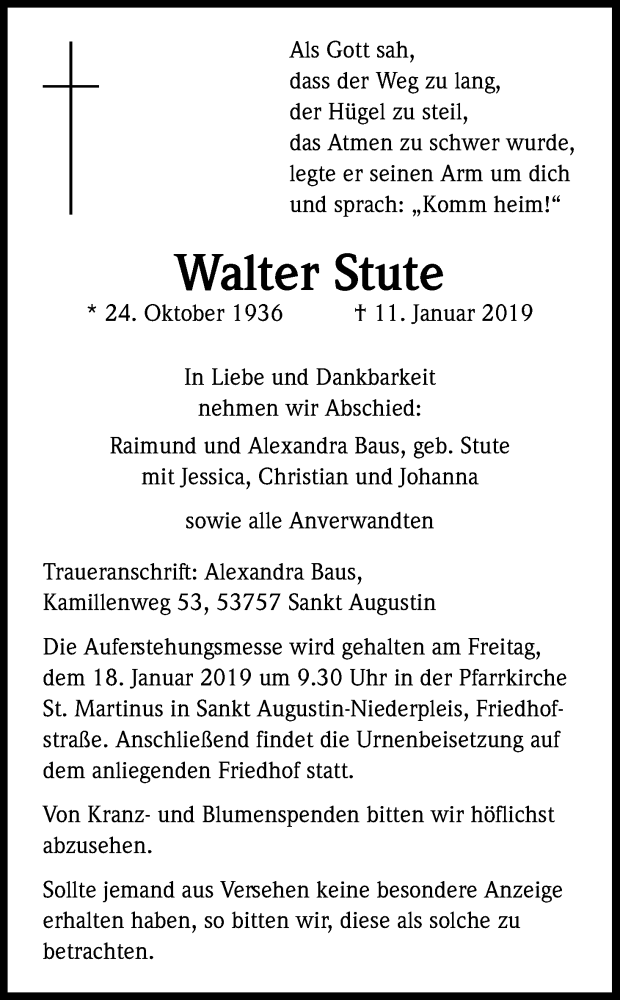  Traueranzeige für Walter Stute vom 16.01.2019 aus Kölner Stadt-Anzeiger / Kölnische Rundschau / Express
