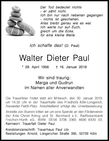 Anzeige von Walter Dieter Paul von Kölner Stadt-Anzeiger / Kölnische Rundschau / Express