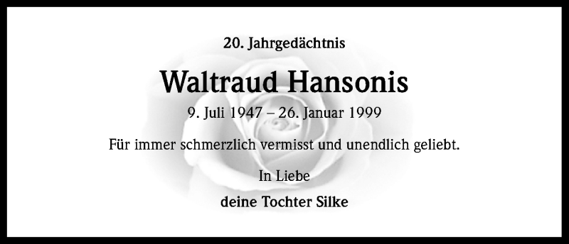  Traueranzeige für Waltraud Hansonis vom 26.01.2019 aus Kölner Stadt-Anzeiger / Kölnische Rundschau / Express
