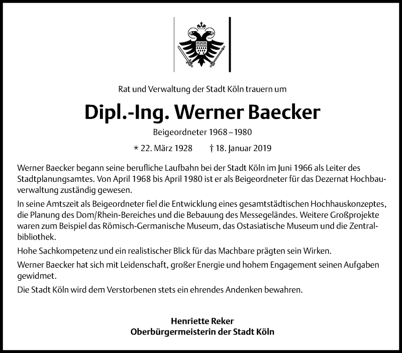  Traueranzeige für Werner Baecker vom 26.01.2019 aus Kölner Stadt-Anzeiger / Kölnische Rundschau / Express