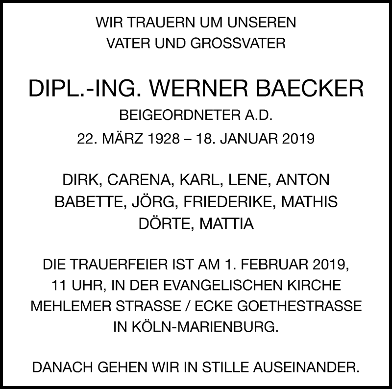  Traueranzeige für Werner Baecker vom 26.01.2019 aus Kölner Stadt-Anzeiger / Kölnische Rundschau / Express