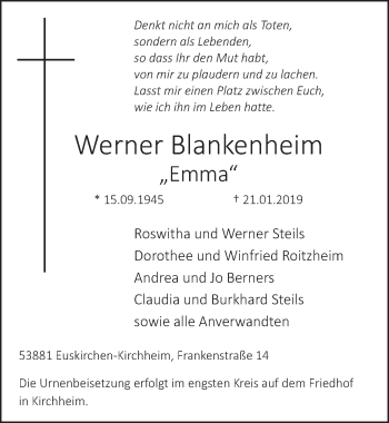 Anzeige von Werner Blankenheim von  Blickpunkt Euskirchen 