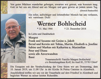 Anzeige von Werner Bohlscheid von Kölner Stadt-Anzeiger / Kölnische Rundschau / Express