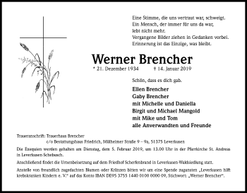 Anzeige von Werner Brencher von Kölner Stadt-Anzeiger / Kölnische Rundschau / Express