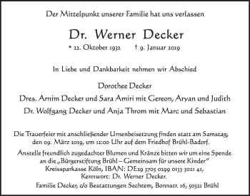 Anzeige von Werner Decker von  Schlossbote/Werbekurier 