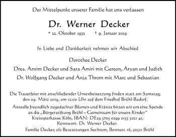 Anzeige von Werner Decker von Kölner Stadt-Anzeiger / Kölnische Rundschau / Express