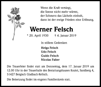 Anzeige von Werner Felsch von Kölner Stadt-Anzeiger / Kölnische Rundschau / Express
