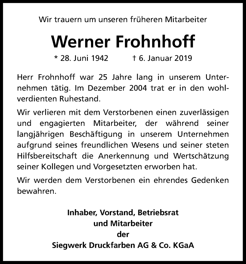  Traueranzeige für Werner Frohnhoff vom 01.02.2019 aus Kölner Stadt-Anzeiger / Kölnische Rundschau / Express