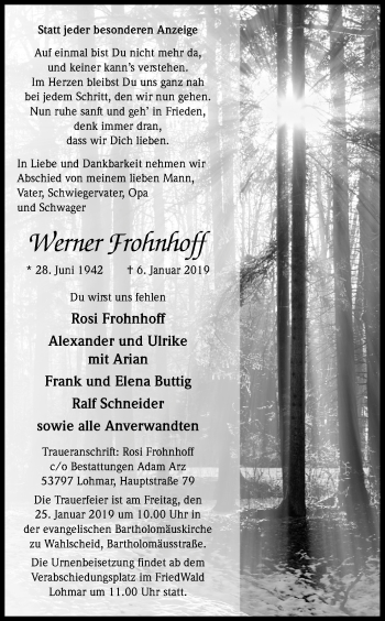 Anzeige von Werner Frohnhoff von Kölner Stadt-Anzeiger / Kölnische Rundschau / Express