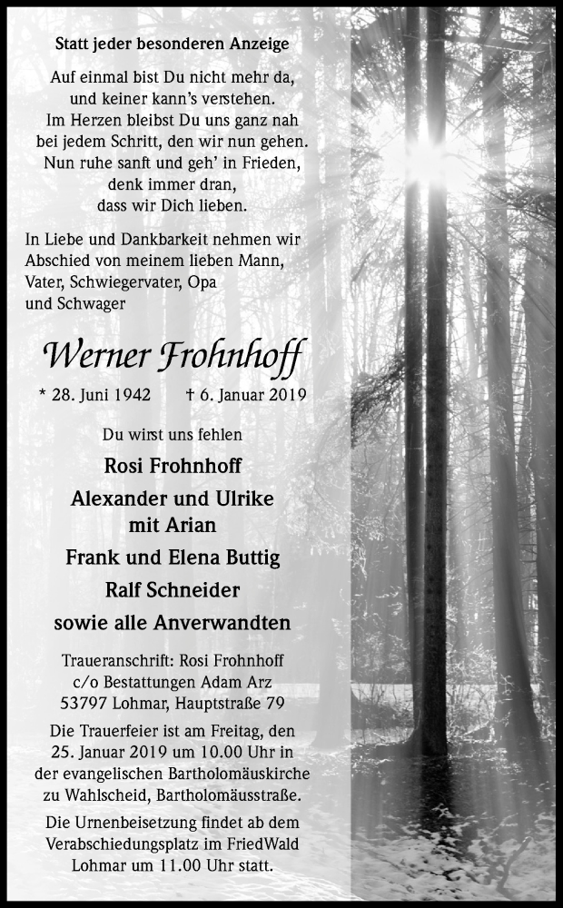  Traueranzeige für Werner Frohnhoff vom 19.01.2019 aus Kölner Stadt-Anzeiger / Kölnische Rundschau / Express