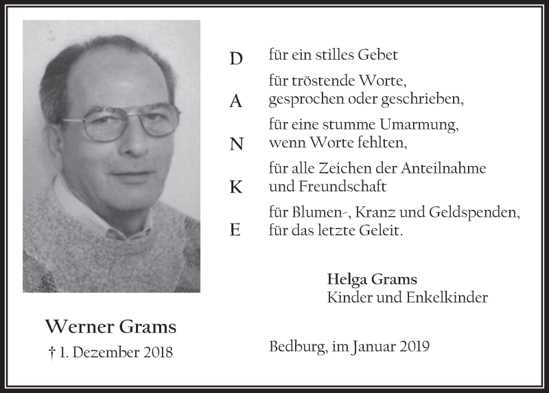  Traueranzeige für Werner Grams vom 16.01.2019 aus  Werbepost 