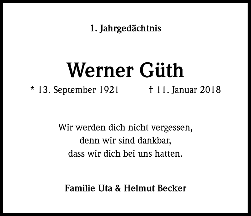 Traueranzeige für Werner Güth vom 11.01.2019 aus Kölner Stadt-Anzeiger / Kölnische Rundschau / Express