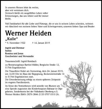Anzeige von Werner Heiden von Kölner Stadt-Anzeiger / Kölnische Rundschau / Express