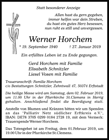 Anzeige von Werner Horchem von Kölner Stadt-Anzeiger / Kölnische Rundschau / Express